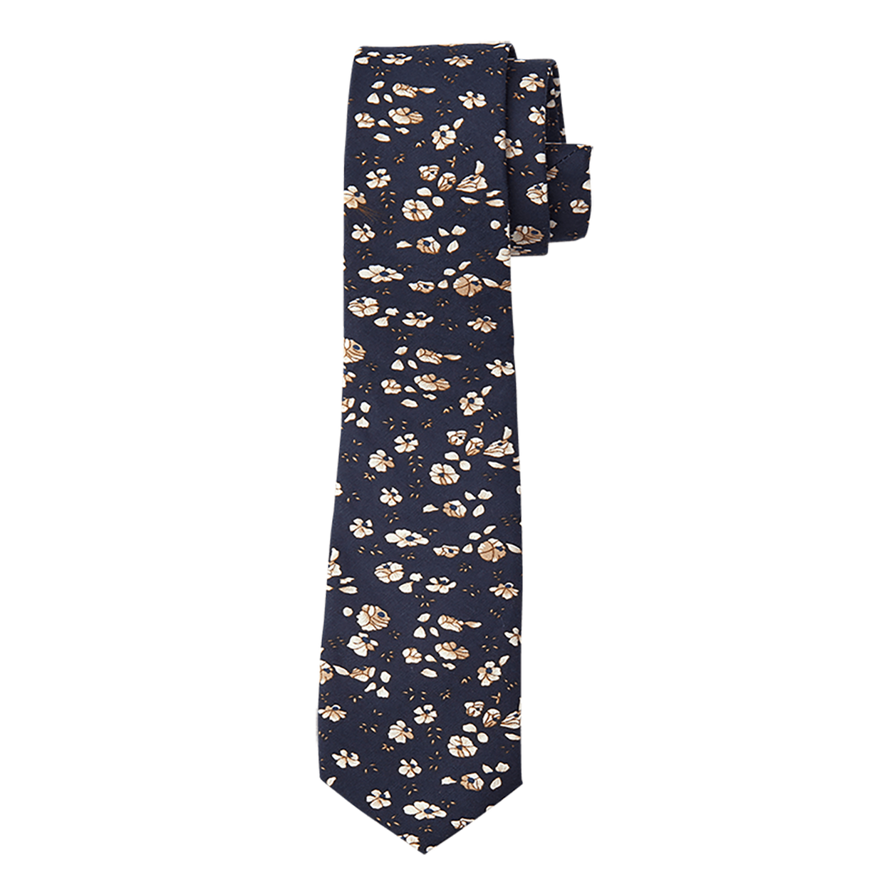 Navy with Tan and White Flowers Long Tie image number 1