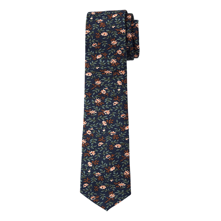 Navy and Green Leaf and Floral Long Tie