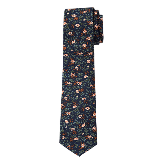 Navy and Green Leaf and Floral Long Tie